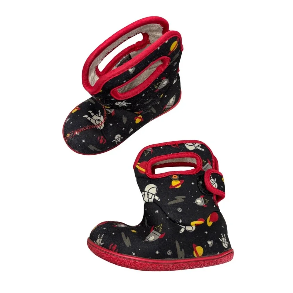 Bogs Baby Boots Black Red Astronaut Rocket Ship Waterproof Insulated Kid Size 8